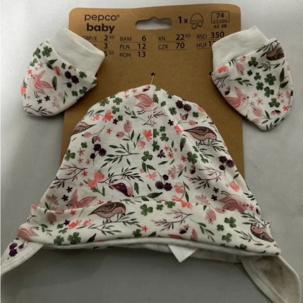 Baby girl hat‎ and mittens organic cotton